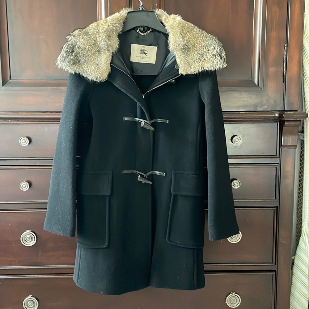 Burberry London black wool pea coat with removable fox fur collar, size 8/M - Picture 2 of 15